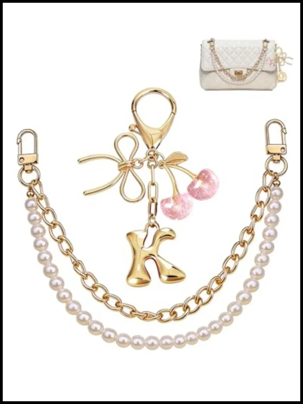 Cherry Initial Keychain Set with Pearl Bag Chain - 12in - Gift for Women
